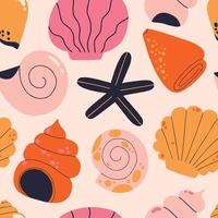 Beautiful seamless vector pattern with hand drawn seashells. Abstract nautical texture with shells and starfish. Underwater coral background