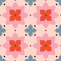 Elegant modern seamless pattern with geometric floral tiles. Vector abstract texture in traditional ceramic tile style. Symmetrical background with flowers and dots