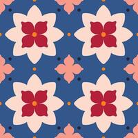 Elegant modern seamless pattern with geometric floral tiles. Vector abstract texture in traditional ceramic tile style. Symmetrical background with flowers and dots