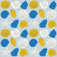 Cute and simple vector pattern with different Sea Shells in a row. Hand drawn seamless texture with exotic ocean shells. Beautiful marine background