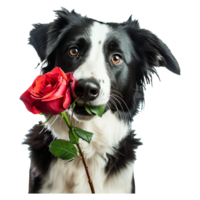 Funny portrait cute puppy dog border collie holding red rose flower in mouth png