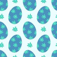 Pattern seamless with blue Easter eggs and flowers. Happy Easter holiday background. Spring pattern design for postcard, wrapping paper, textile, wallpaper. vector