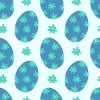 modelo sin costura con azul Pascua de Resurrección huevos y flores contento Pascua de Resurrección fiesta antecedentes. primavera modelo diseño para tarjeta postal, envase papel, textil, fondo de pantalla. vector