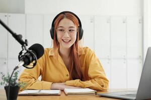 Live Podcast Session with Smiling Female Host photo