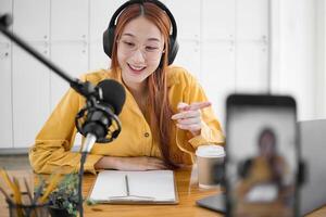 Live Podcast Session with Smiling Female Host photo