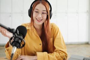 Live Podcast Session with Smiling Female Host photo