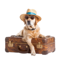 AI generated Traveling golden retriever with hat and sunglasses in suitcase isolated on transparent background, created with generative AI png