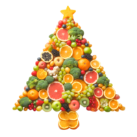 ai generato salutare cibo sagomato come un' Natale albero fatto di frutta e verdure con trasparente sfondo png
