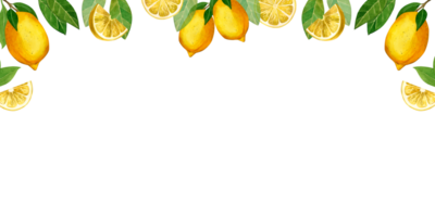 Lemons. Rectangular frame on top of yellow lemons and green leaves, lemon slices. All elements are hand painted with watercolors. For printing on fabric and paper, for designing napkins and towels png