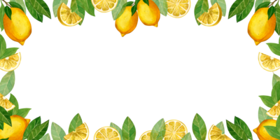 Lemons. Rectangular frame with yellow lemons and green leaves, lemon slices. All elements are hand painted with watercolors. For printing on fabric and paper, for designing napkins and towels png