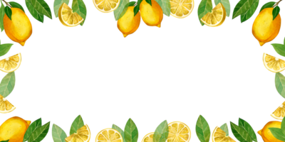 citroenen. rechthoekig kader met geel citroenen en groen bladeren, citroen plakjes. allemaal elementen zijn hand- geschilderd met aquarellen. voor het drukken Aan kleding stof en papier, voor ontwerpen servetten en handdoeken png