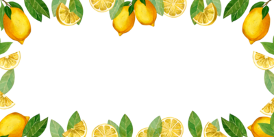 Lemons. Rectangular frame with yellow lemons and green leaves, lemon slices. All elements are hand painted with watercolors. For printing on fabric and paper, for designing napkins and towels png