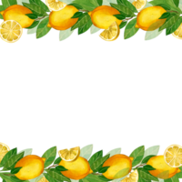 Lemons. Square frame with yellow lemons and green leaves, lemon slices. All elements are hand-painted with watercolors. For printing on fabric and paper, for designing napkins and towels png