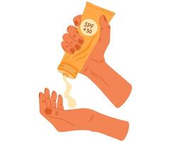Hands squeezing sunscreen protective cream from plastic container. SPF 50 cream. Skin care and spf sunblock protection concept. Flat cartoon vector illustration.