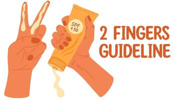 Hand with SPF 50 cream on two fingers. How to apply sunscreen on the face. Vector hand draw poster, banner of instructions