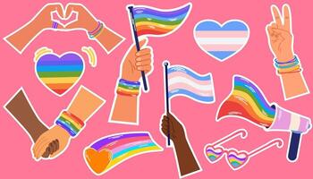 LGBT sticker pack. LGBTQ set on pink background. Symbol of the LGBT pride community. Rainbow elements. Vector hand draw illustration.