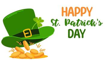 St. Patrick's Day greeting poster. Leprechaun hat with mountain of coins. Vector hand draw illustration.