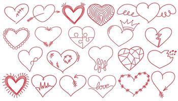 rosado corazón colocar. colección de corazón icono mano dibujado vector para amor logo, corazón símbolo, garabatear icono, saludo tarjeta y San Valentín día. pintado grunge vector forma