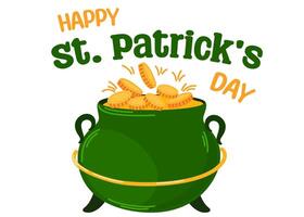 St. Patrick's Day greeting poster. Cauldron with money and coins. Vector hand draw illustration.