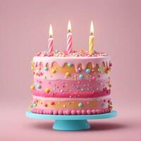 AI generated 3D Birthday cake with candle and decoration sprinkles, Pink cake emoji. photo