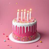 AI generated 3D Birthday cake with candle and decoration sprinkles, Pink cake emoji. photo