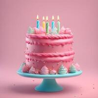 AI generated 3D Birthday cake with candle and decoration sprinkles, Pink cake emoji. photo