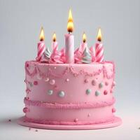 AI generated 3D Birthday cake with candle and decoration sprinkles, Pink cake emoji. photo