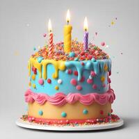 AI generated 3D Birthday cake with candle and decoration sprinkles, Pink cake emoji. photo