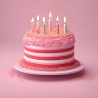 AI generated 3D Birthday cake with candle and decoration sprinkles, Pink cake emoji. photo