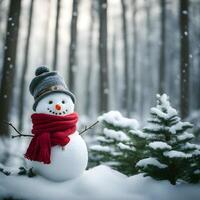 AI generated Cute snowman toy. Happy New Year. Merry Christmas. Winter holiday background. 3d cartoon character. photo