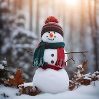 AI generated Cute snowman toy. Happy New Year. Merry Christmas. Winter holiday background. 3d cartoon character. photo