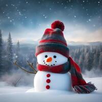 AI generated Cute snowman toy. Happy New Year. Merry Christmas. Winter holiday background. 3d cartoon character. photo