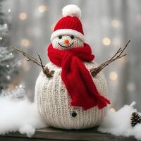 AI generated Cute snowman toy. Happy New Year. Merry Christmas. Winter holiday background. 3d cartoon character. photo