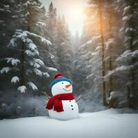 AI generated Cute snowman toy. Happy New Year. Merry Christmas. Winter holiday background. 3d cartoon character. photo