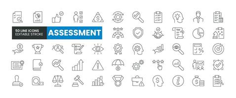 Set of 50 Assessment line icons set. Assessment outline icons with editable stroke collection. Includes Financial Risk, Audit, Inspection, Growth, Success, and More. vector