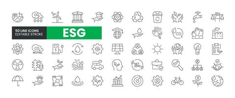 Set of 50 ESG Environmental, Social, and Governance line icons set. ESG outline icons with editable stroke collection. Includes Sustainability, Solar Panel, Recycling, Green City, Net Zero, and More. vector