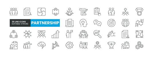 Set of 36 Partnership line icons set. Partnership outline icons with editable stroke collection. Includes Team, Collaboration, Growth, Leadership, Brainstorming, and More. vector