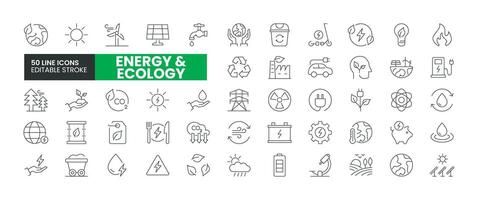 Set of 50 Energy and Ecology line icons set. Energy and Ecology outline icons with editable stroke collection. Includes Ecology, Energy Consumption, Recycle, Think Green, Solar Energy, and More. vector