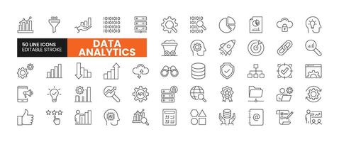 conjunto de 50 datos analítica línea íconos colocar. datos analítica contorno íconos con editable carrera recopilación. incluye datos, datos minería, seguridad, analítica, variedad, y más. vector