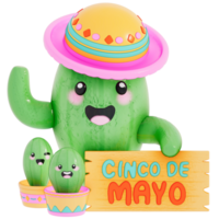 Cinco De Mayo , Cute Cactus with Banner on transparent background , 3D Rendering png