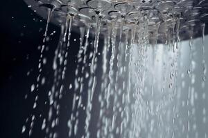 AI generated Water drops flowing from the shower head, close up. AI generated. photo