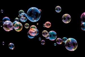 AI generated Soap bubbles isolated on black background, close up view. AI generated. photo