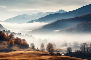 AI generated Beautiful landscape with fog in the mountains and forest. Natural background. AI generated. photo