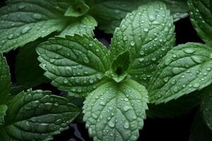 ai generado Fresco menta hojas con gotas de agua macro fondo, menta cerca arriba vista. ai generado. foto