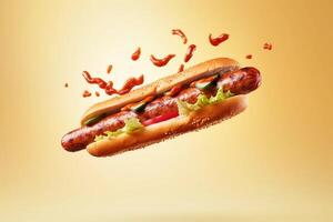 AI generated Delicious hot dog levitation on yellow background. AI generated. photo