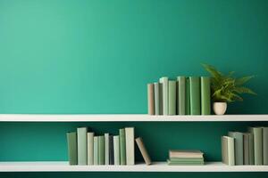 AI generated Stacks of books and a house plant on the shelves on green background with copy space. AI generated. photo