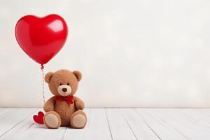 AI generated Plush bear holding a heart shaped balloon on light background with copy space. AI generated. photo