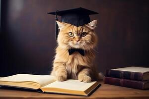 ai generado jengibre mullido gato en graduado sombrero y arco Corbata leyendo un libro en oscuro antecedentes. ai generado. foto