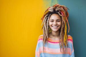 AI generated Portrait of happy young woman with dreadlocks on colorful background, copy space. AI generated. photo