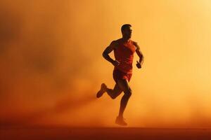 AI generated Man running outdoors on orange background with copy space. AI generated. photo